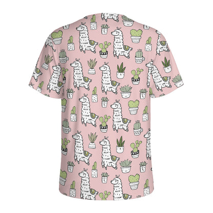 Cartoon Cactus And Llama Pattern Print Men's Sports T-Shirt