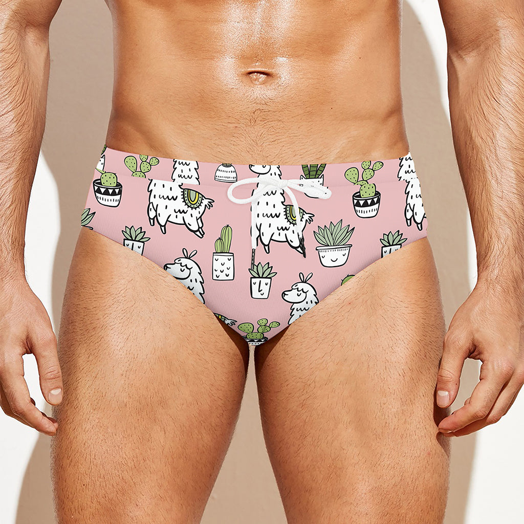 Cartoon Cactus And Llama Pattern Print Men's Swim Briefs