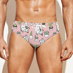 Cartoon Cactus And Llama Pattern Print Men's Swim Briefs