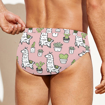 Cartoon Cactus And Llama Pattern Print Men's Swim Briefs