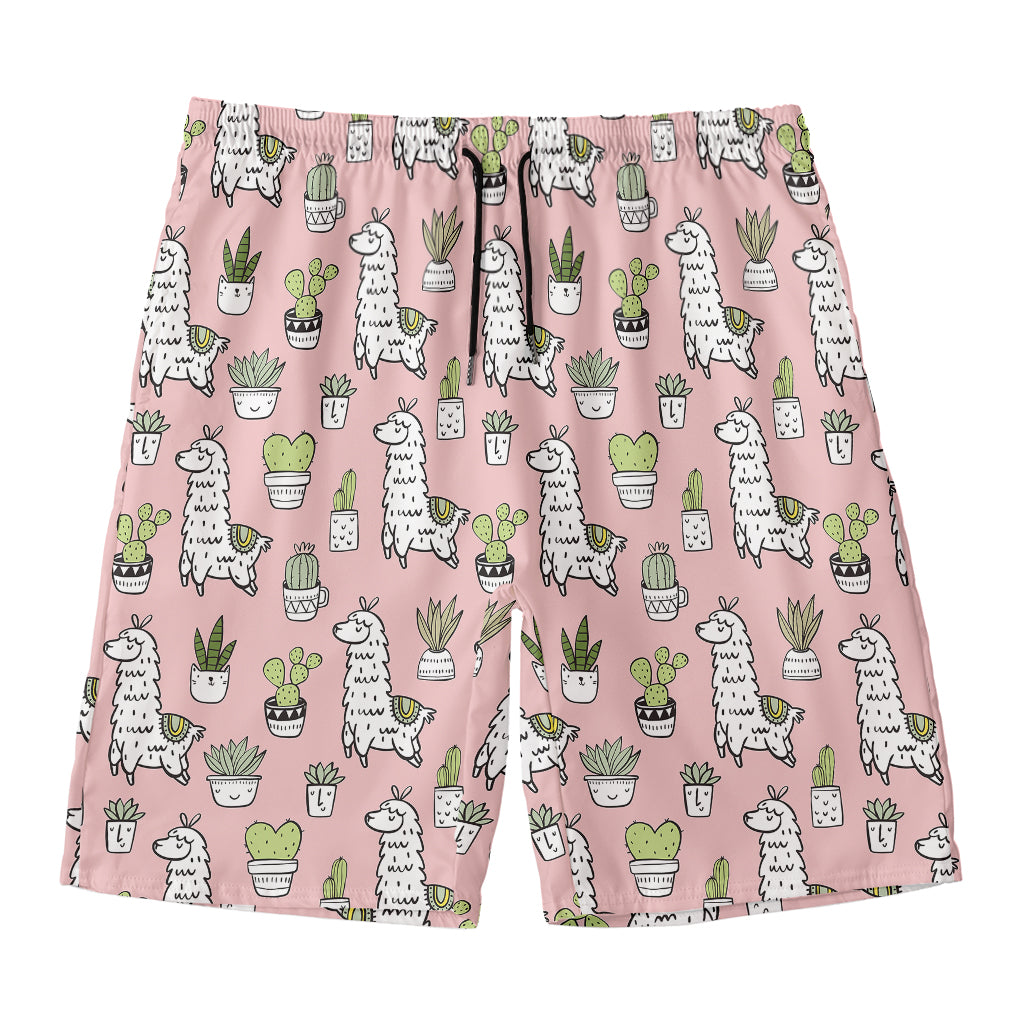 Cartoon Cactus And Llama Pattern Print Men's Swim Trunks