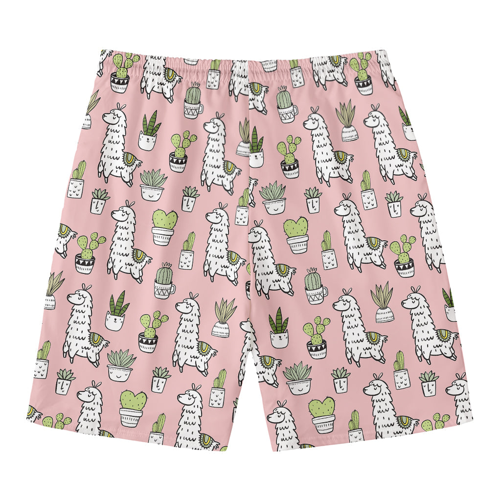 Cartoon Cactus And Llama Pattern Print Men's Swim Trunks