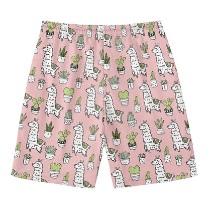 Cartoon Cactus And Llama Pattern Print Men's Swim Trunks