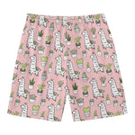 Cartoon Cactus And Llama Pattern Print Men's Swim Trunks