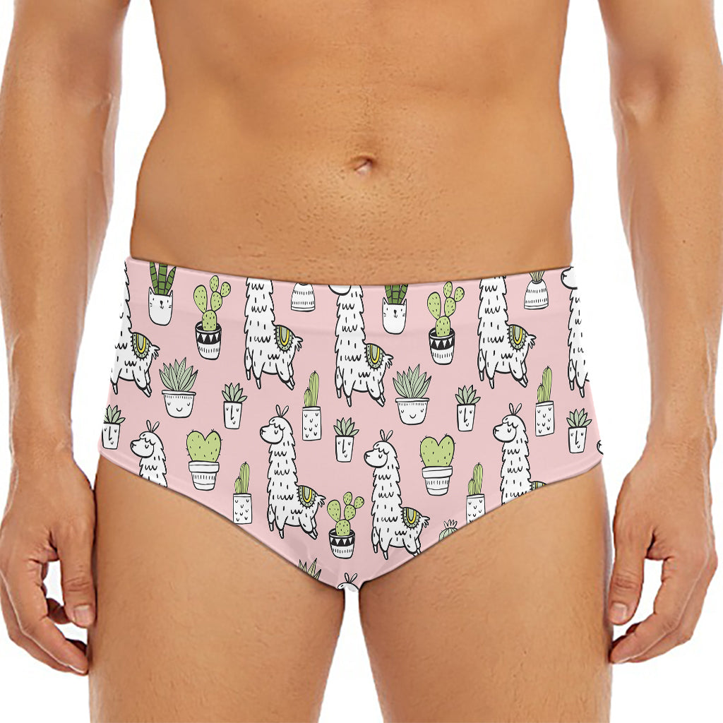 Cartoon Cactus And Llama Pattern Print Men's Triangle Swim Briefs