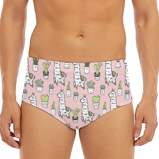 Cartoon Cactus And Llama Pattern Print Men's Triangle Swim Briefs