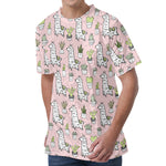 Cartoon Cactus And Llama Pattern Print Men's Velvet T-Shirt