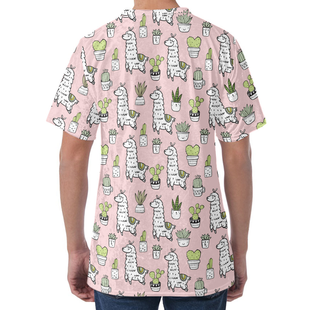Cartoon Cactus And Llama Pattern Print Men's Velvet T-Shirt