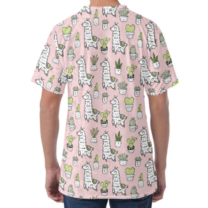 Cartoon Cactus And Llama Pattern Print Men's Velvet T-Shirt