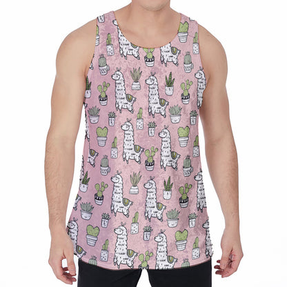 Cartoon Cactus And Llama Pattern Print Men's Velvet Tank Top
