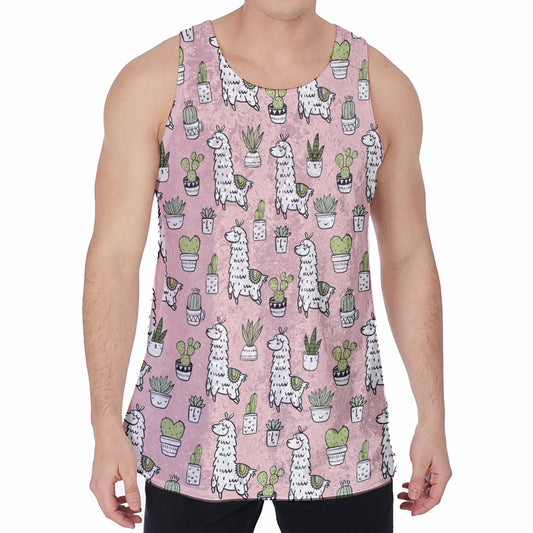 Cartoon Cactus And Llama Pattern Print Men's Velvet Tank Top