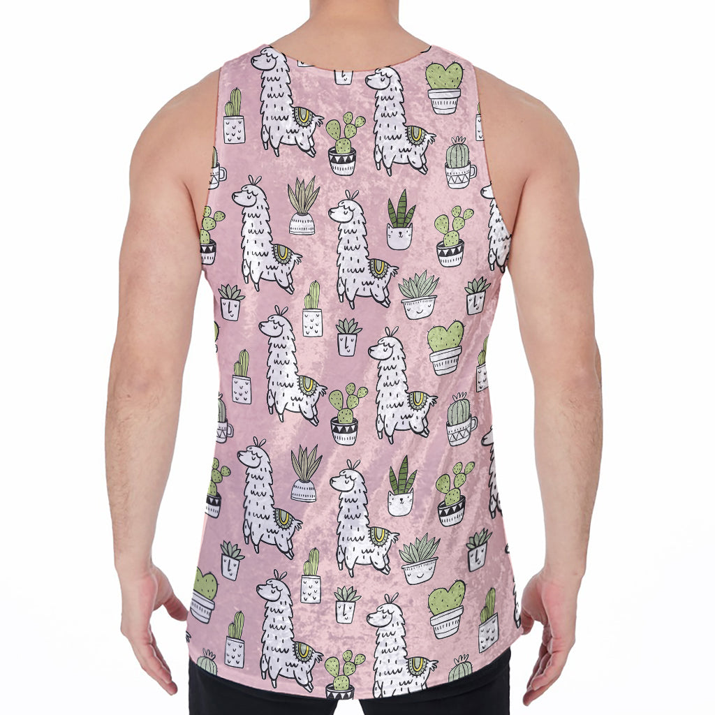 Cartoon Cactus And Llama Pattern Print Men's Velvet Tank Top