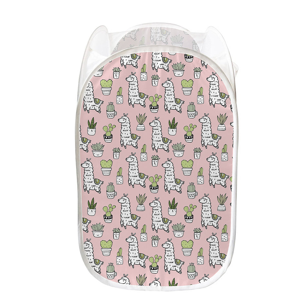 Cartoon Cactus And Llama Pattern Print Mesh Laundry Hamper