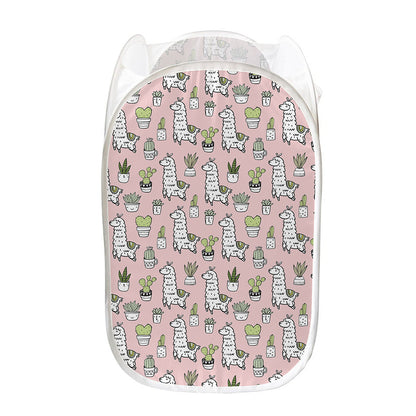 Cartoon Cactus And Llama Pattern Print Mesh Laundry Hamper