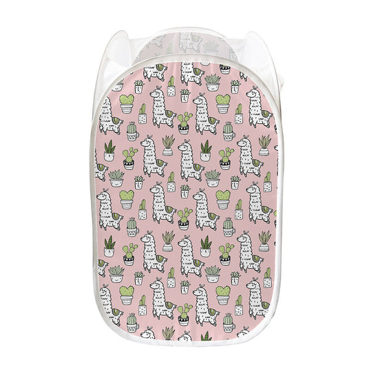 Cartoon Cactus And Llama Pattern Print Mesh Laundry Hamper