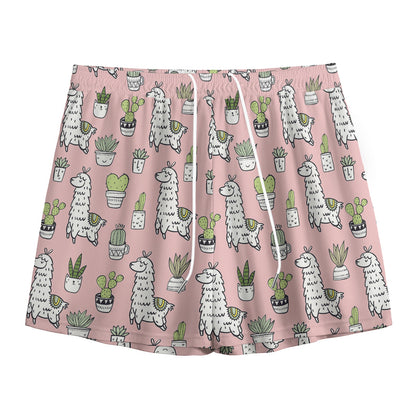 Cartoon Cactus And Llama Pattern Print Mesh Shorts