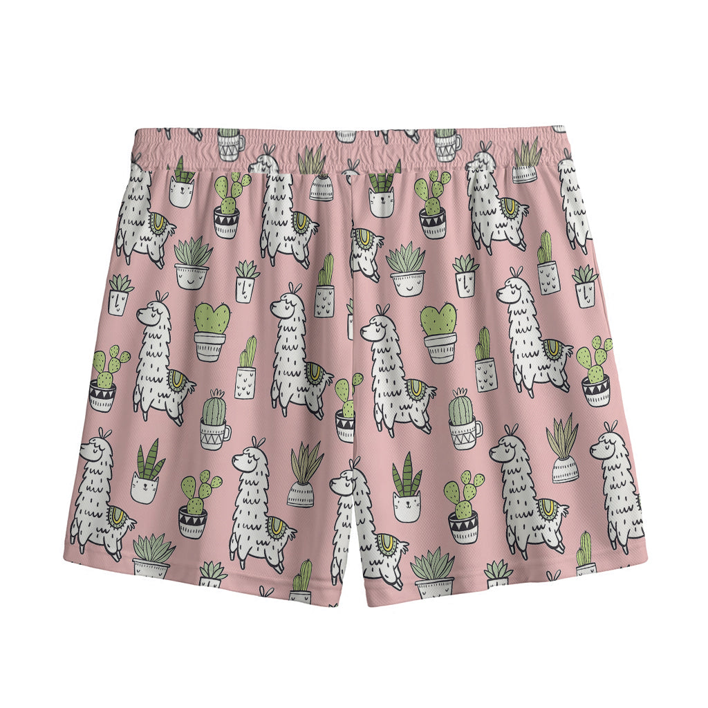 Cartoon Cactus And Llama Pattern Print Mesh Shorts