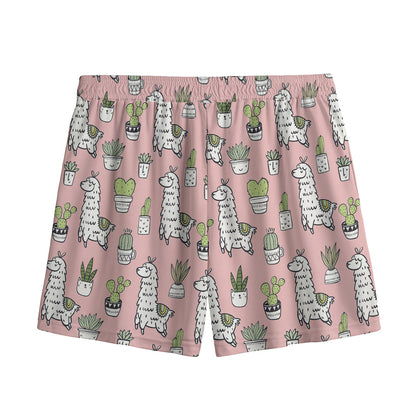Cartoon Cactus And Llama Pattern Print Mesh Shorts