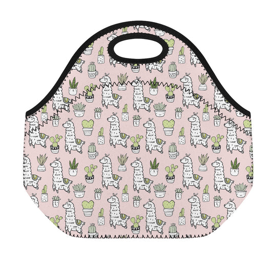 Cartoon Cactus And Llama Pattern Print Neoprene Lunch Bag