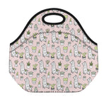 Cartoon Cactus And Llama Pattern Print Neoprene Lunch Bag