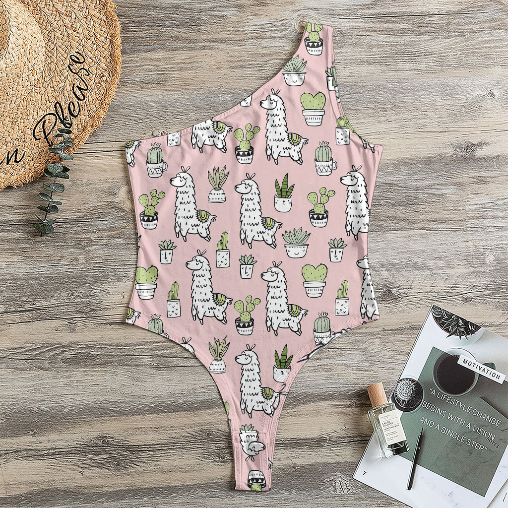 Cartoon Cactus And Llama Pattern Print One Shoulder Bodysuit