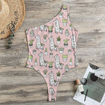 Cartoon Cactus And Llama Pattern Print One Shoulder Bodysuit