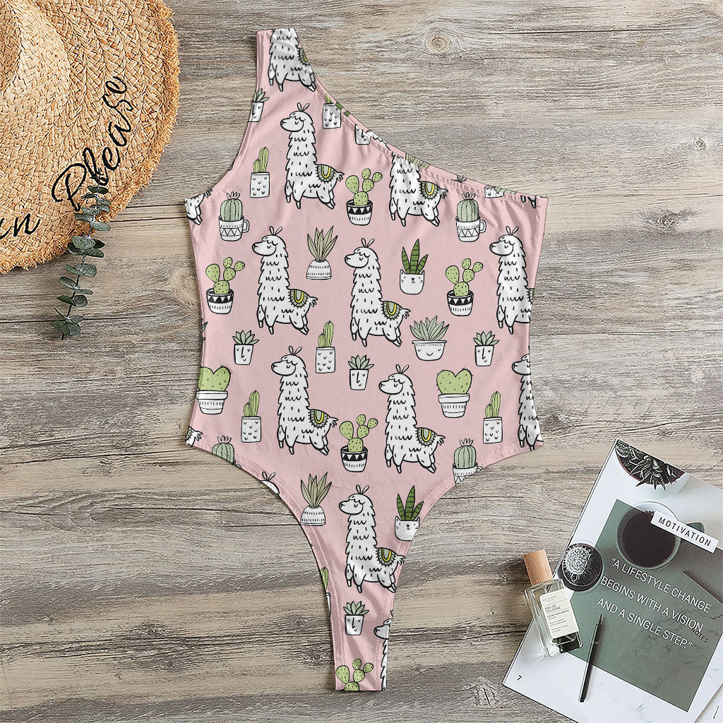 Cartoon Cactus And Llama Pattern Print One Shoulder Bodysuit