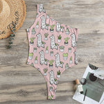 Cartoon Cactus And Llama Pattern Print One Shoulder Bodysuit