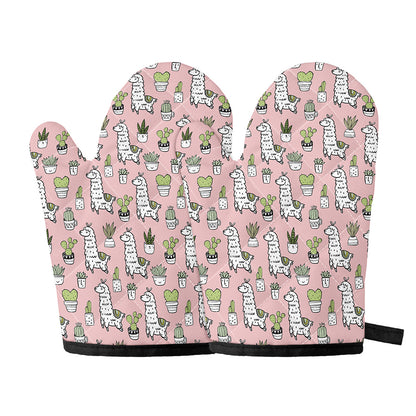 Cartoon Cactus And Llama Pattern Print Oven Mitts