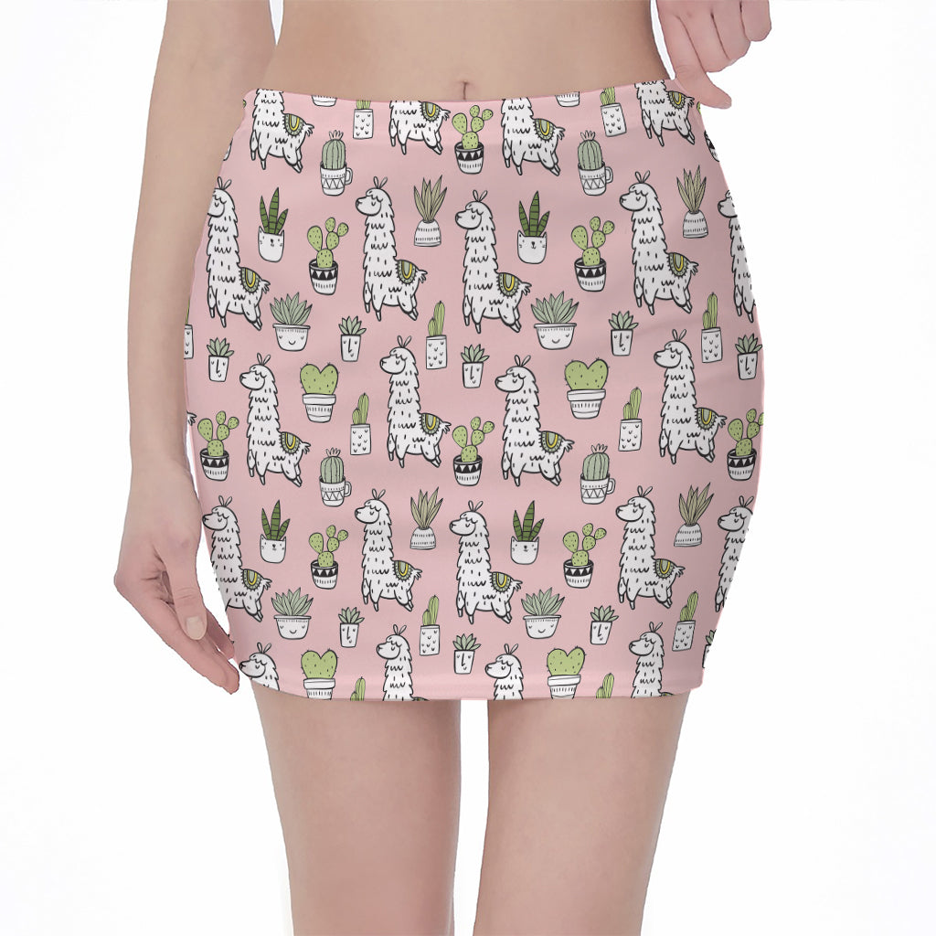 Cartoon Cactus And Llama Pattern Print Pencil Mini Skirt