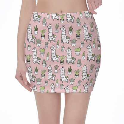 Cartoon Cactus And Llama Pattern Print Pencil Mini Skirt