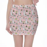 Cartoon Cactus And Llama Pattern Print Pencil Mini Skirt
