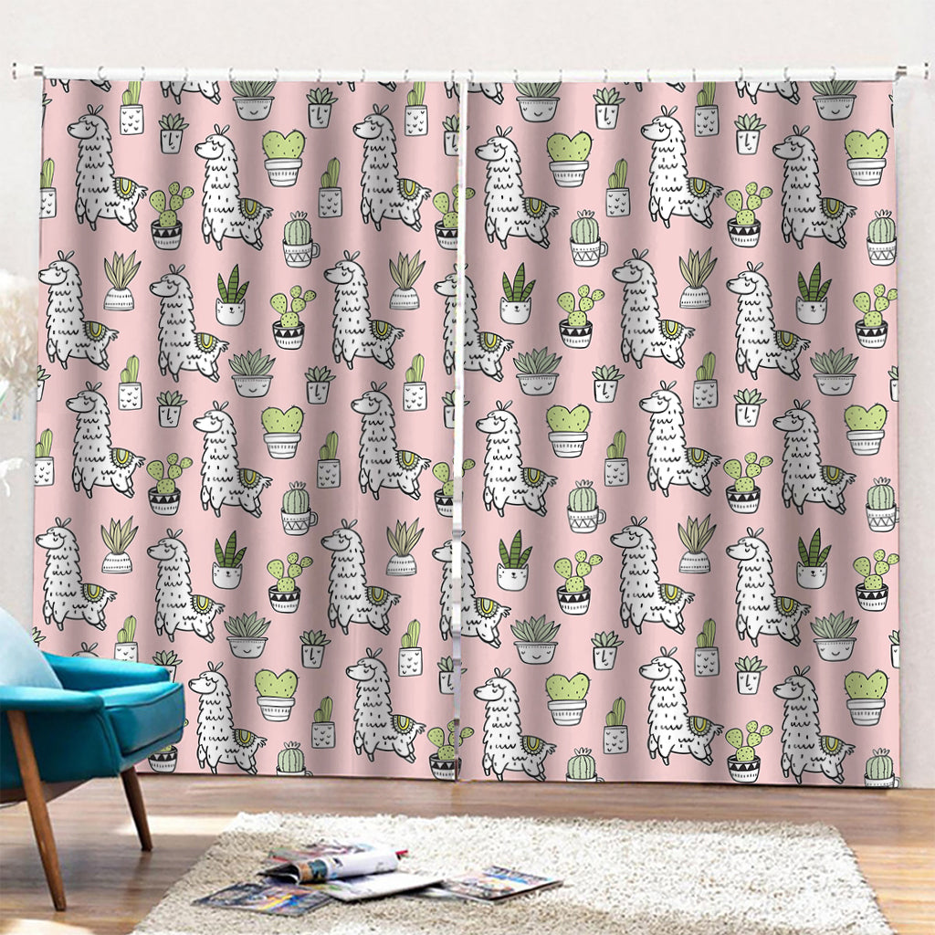 Cartoon Cactus And Llama Pattern Print Pencil Pleat Curtains