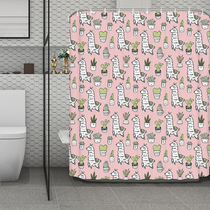 Cartoon Cactus And Llama Pattern Print Polyester Shower Curtain