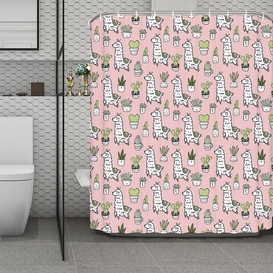 Cartoon Cactus And Llama Pattern Print Polyester Shower Curtain