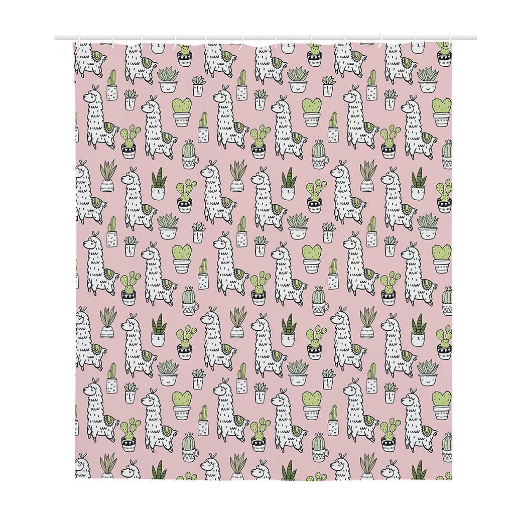 Cartoon Cactus And Llama Pattern Print Polyester Shower Curtain