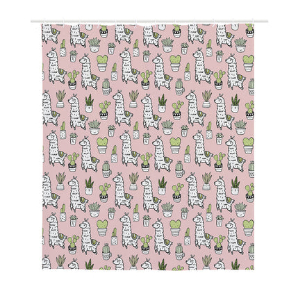 Cartoon Cactus And Llama Pattern Print Polyester Shower Curtain