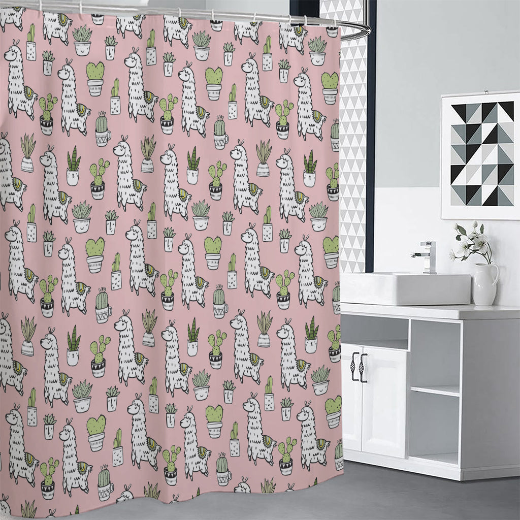 Cartoon Cactus And Llama Pattern Print Premium Shower Curtain