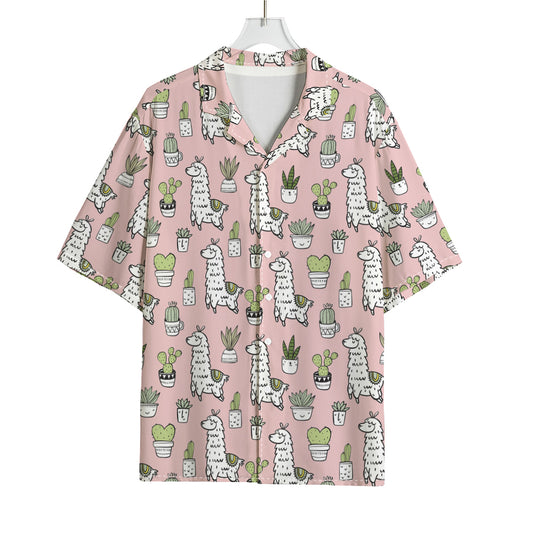 Cartoon Cactus And Llama Pattern Print Rayon Hawaiian Shirt