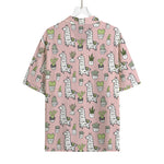 Cartoon Cactus And Llama Pattern Print Rayon Hawaiian Shirt