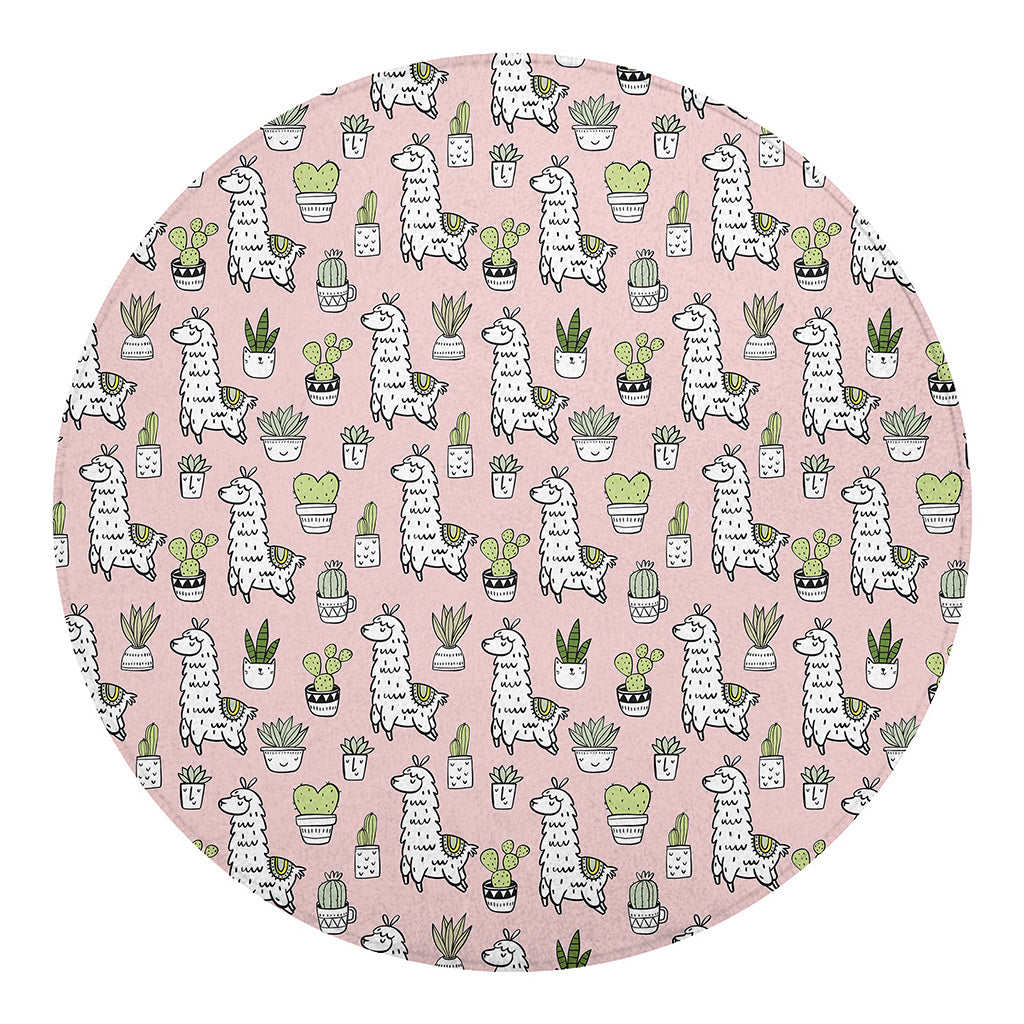 Cartoon Cactus And Llama Pattern Print Round Blanket