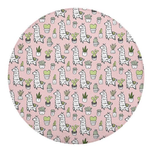 Cartoon Cactus And Llama Pattern Print Round Blanket
