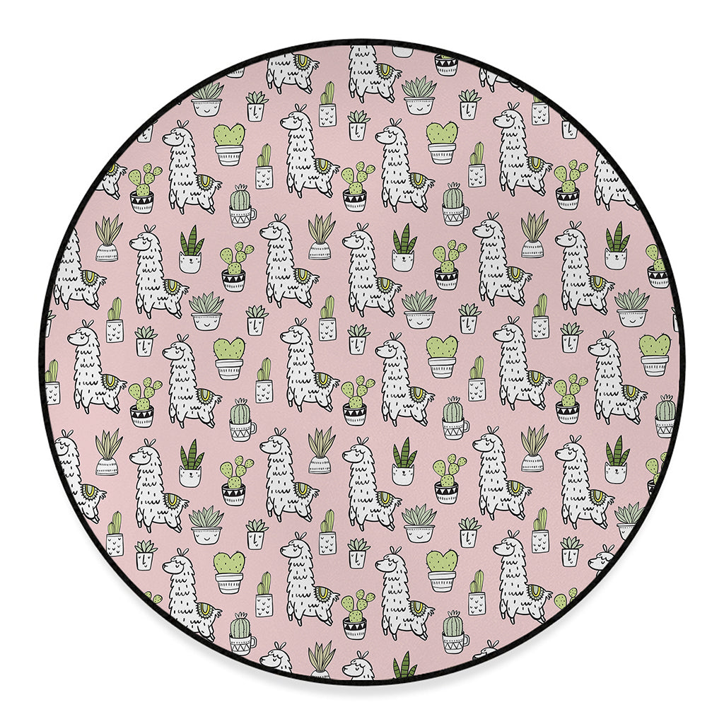 Cartoon Cactus And Llama Pattern Print Round Floor Mat