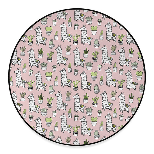 Cartoon Cactus And Llama Pattern Print Round Floor Mat