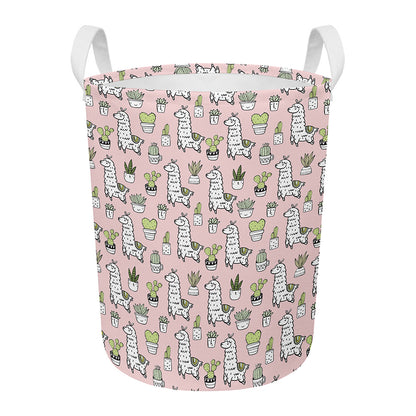 Cartoon Cactus And Llama Pattern Print Round Laundry Basket