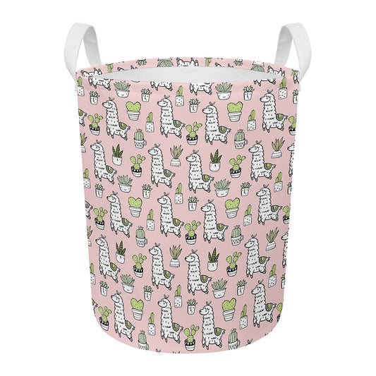 Cartoon Cactus And Llama Pattern Print Round Laundry Basket
