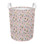 Cartoon Cactus And Llama Pattern Print Round Laundry Basket