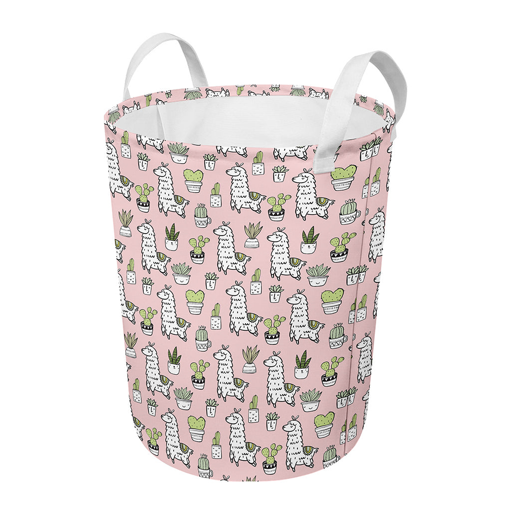 Cartoon Cactus And Llama Pattern Print Round Laundry Basket