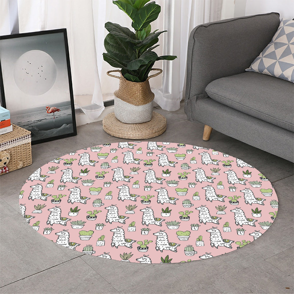 Cartoon Cactus And Llama Pattern Print Round Rug