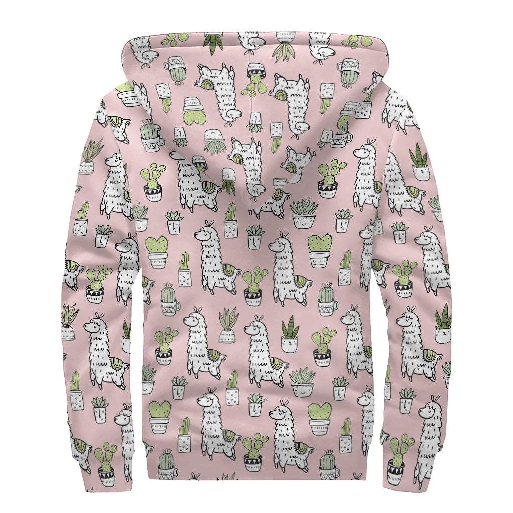 Cartoon Cactus And Llama Pattern Print Sherpa Lined Zip Up Hoodie
